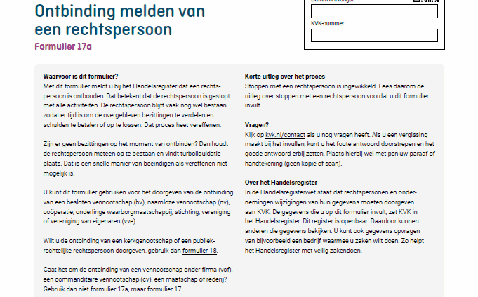 | turboliquidatie 1e pagina van kvk formulier 17a, dat gebruikt wordt bij turboliquidatie.