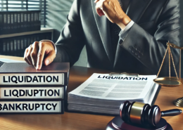 | turboliquidatie | turboliquidatie jurist toont liquidatie documenten op een bureau, waarop ook een hamer en weegschaal ligt.